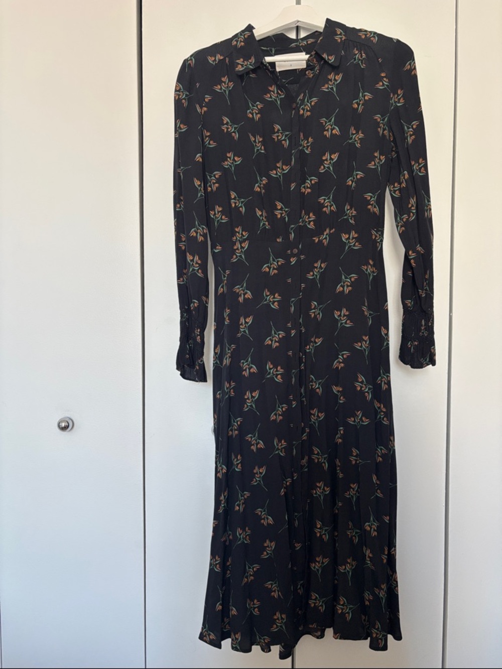 ba&sh Black Floral Long Sleeve Midi Shirt Dress
